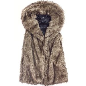 Me Jane NYC Faux Vegan Fur Vest Long Collar Pocket